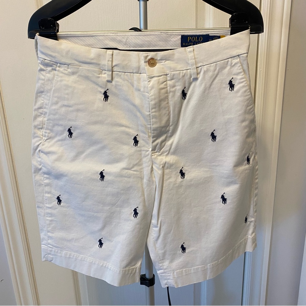 Ralph Lauren Men's Beige Shorts with Dark Blue Embroidery